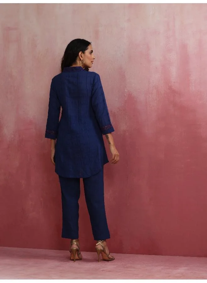 ترو برونز trueBrowns Dark Blue Cotton Dobby Kurta Co-ord set