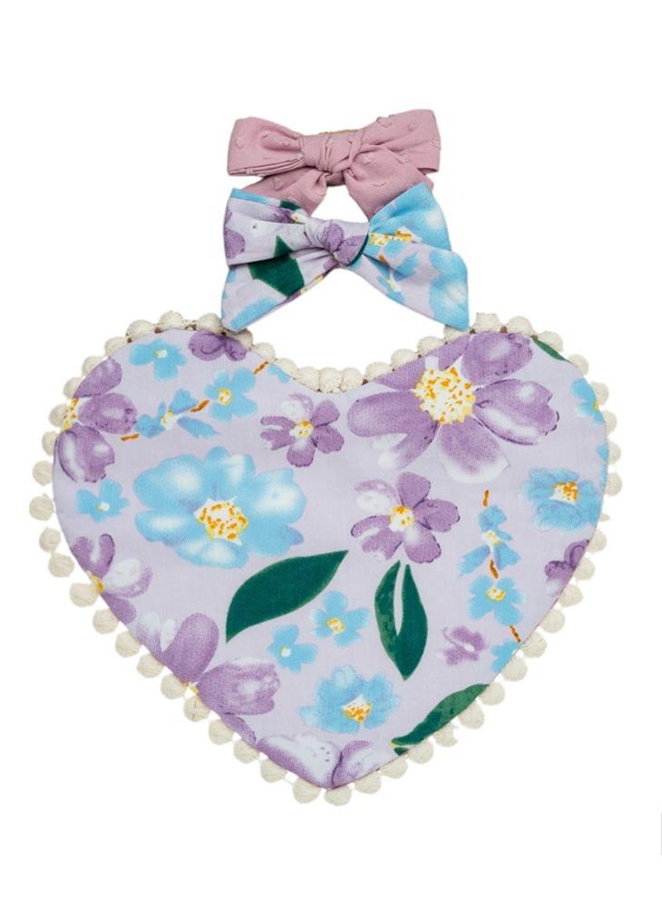 Bambimici Amara Heart Shaped Baby Bib And Ribbon Bow Headband Set Floral Purple - Image 1