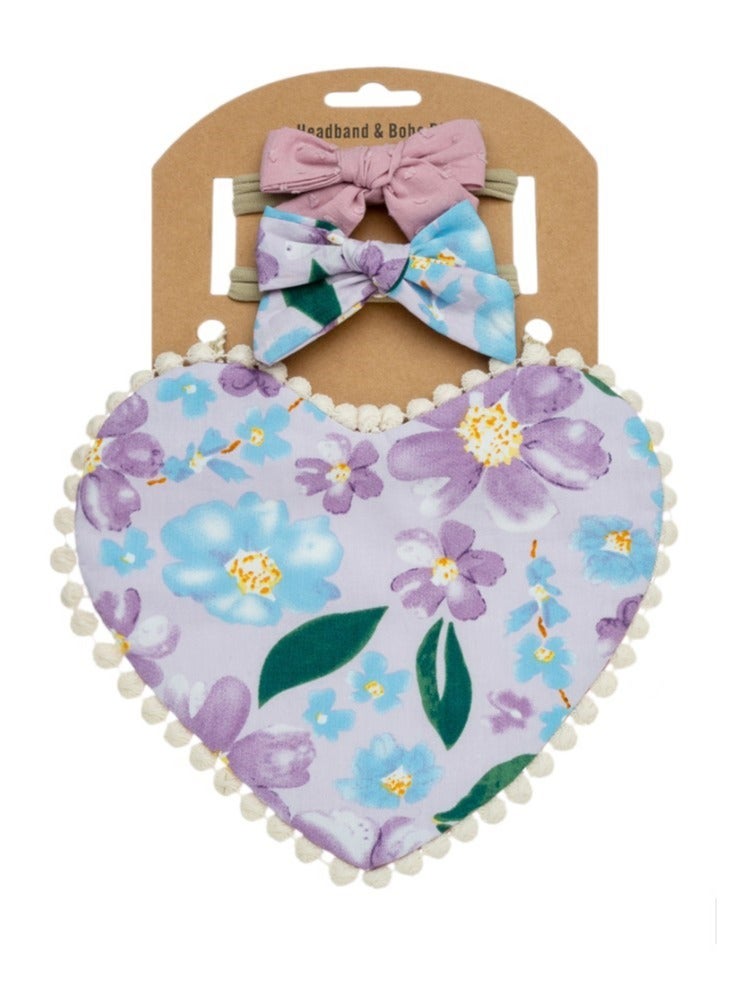 Bambimici Amara Heart Shaped Baby Bib And Ribbon Bow Headband Set Floral Purple - Image 3