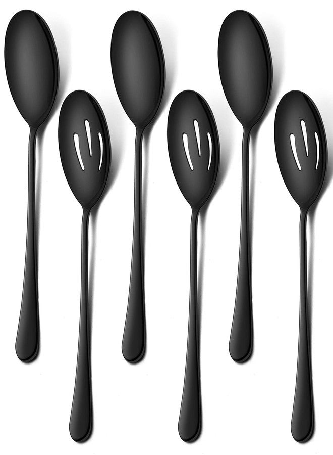 LIANYU 6-Piece Large Black Serving Spoons, Black Slotted Spoons, Stainless Steel Serving Utensils for Party Buffet Restaurant Banquet Dinner Catering, 9.8Inch, Dishwasher Safe - Image 1