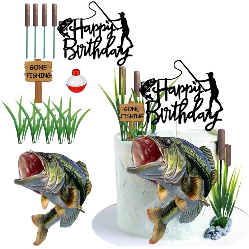 DiDida Gone Fishing Cake Topper with Largemouth Bass Sign Fisherman Happy Birthday Sign - Image 2