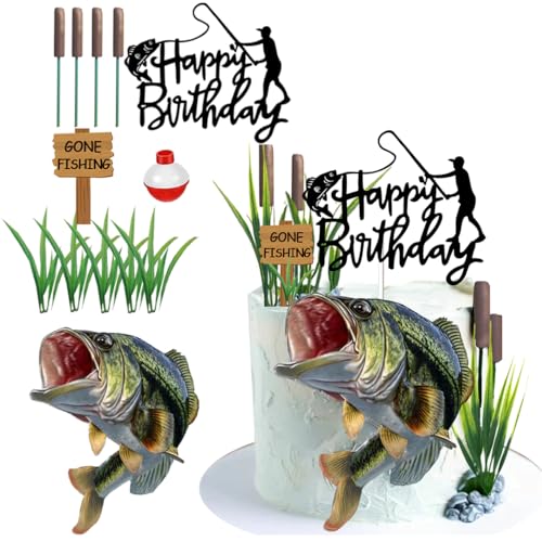 DiDida Gone Fishing Cake Topper with Largemouth Bass Sign Fisherman Happy Birthday Sign - Image 1