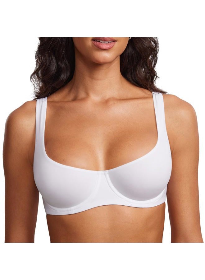 DOBREVA Women's Unlined Balconette Bra Underwire Supportive Plus Size Smooth Scoop Neck White 90C - Image 1