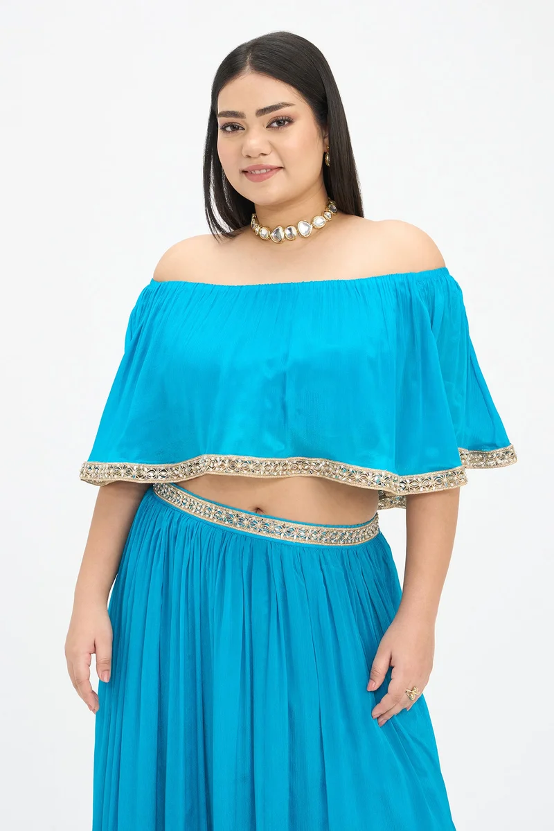 فيرجيو Solid Viscose Off-Shoulder Crop Plus Size Top for Women