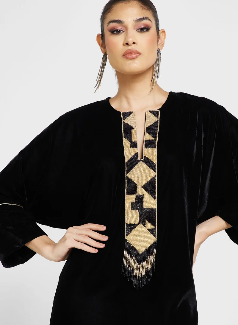 Maison Arabelle  Printed Piping Sleeve Jalabiya for Women | Best Price UAE