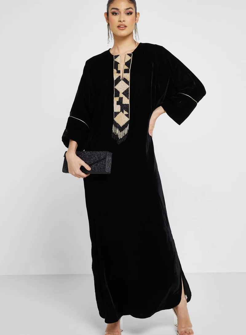 Maison Arabelle  Printed Piping Sleeve Jalabiya for Women | Best Price UAE