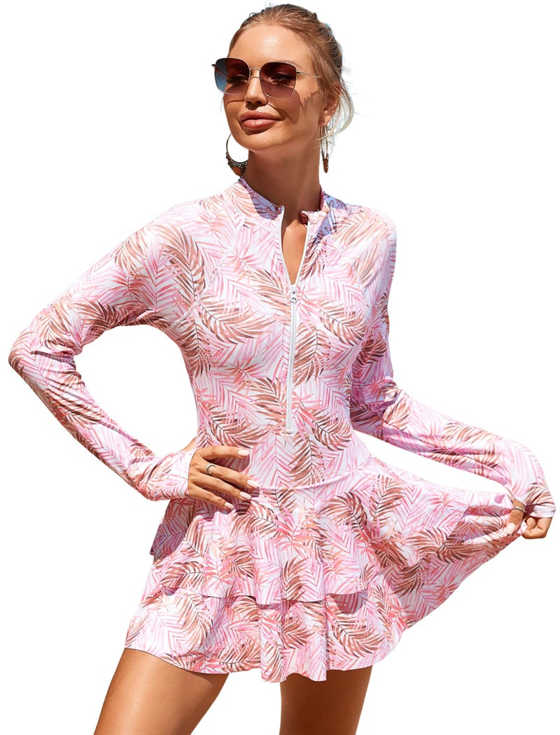 ABAFIP Women's Long Sleeve Rash Guard Swimdress Swimsuit Zipper One Piece Swim Dress Bathing Suit UPF 50 Pink Large - Image 1