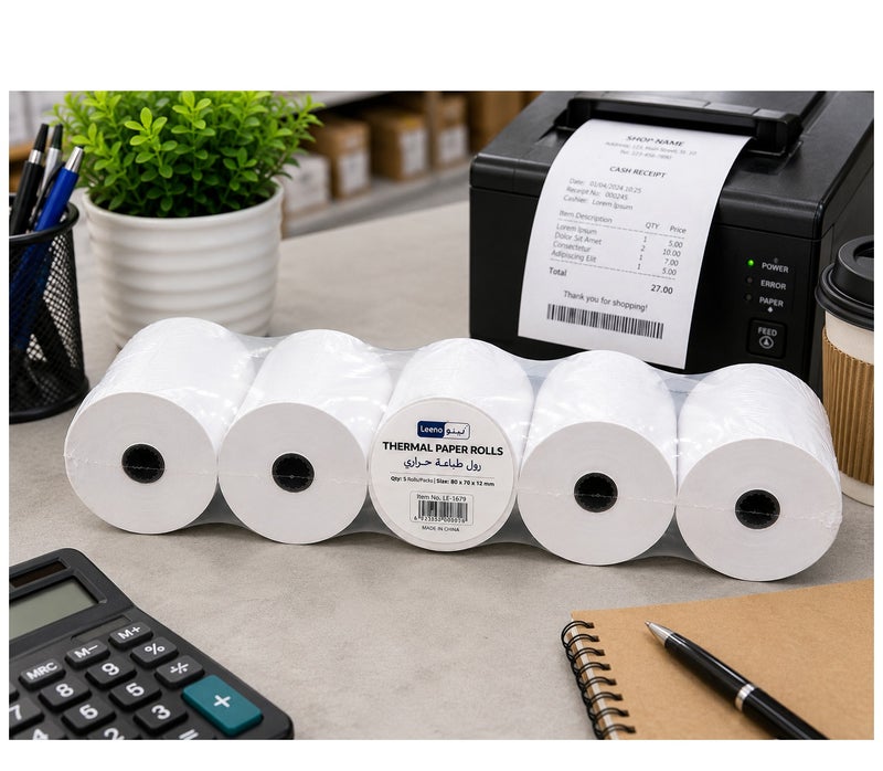 LEENO POS Thermal Receipt Paper Roll 80x70x12mm, Pack of 5 - Image 5