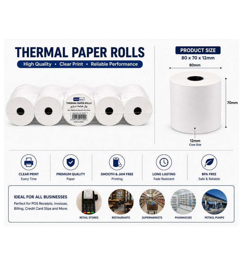 LEENO POS Thermal Receipt Paper Roll 80x70x12mm, Pack of 5 - Image 3