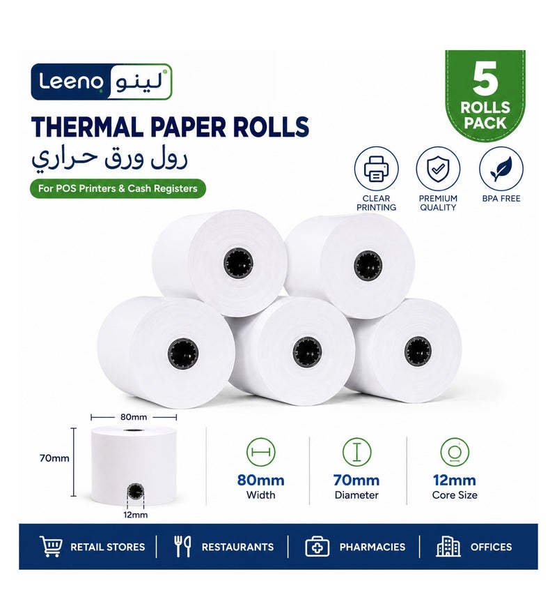 LEENO POS Thermal Receipt Paper Roll 80x70x12mm, Pack of 5 - Image 2