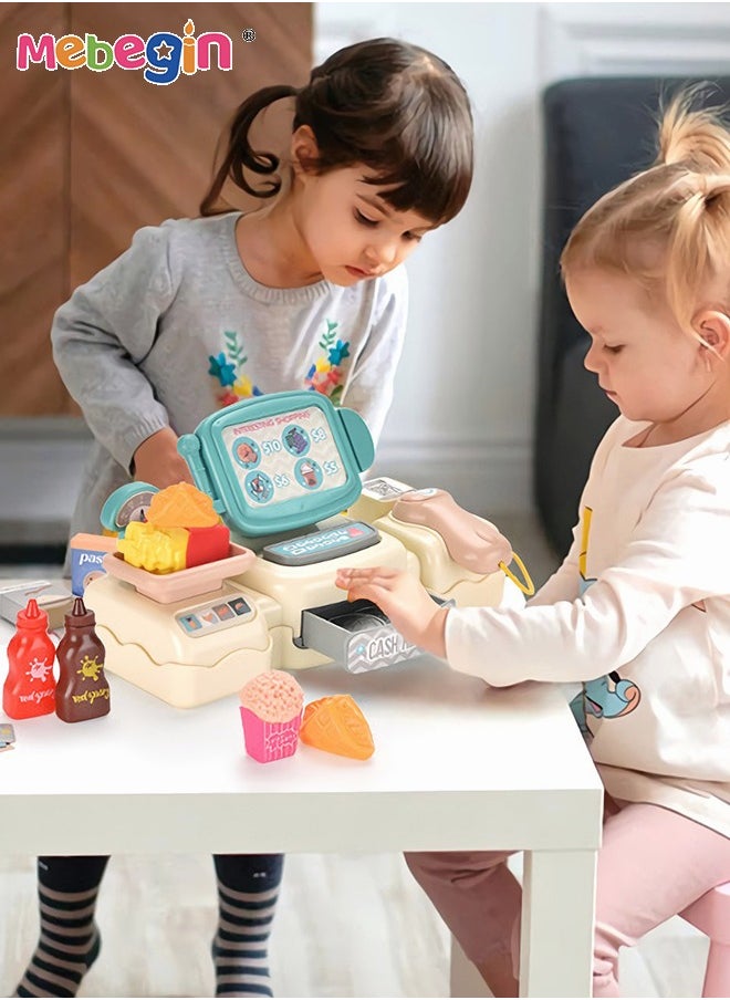MEBEGIN 25 Pcs Kids Pretend Play Toy with Light and Sounds, Fun Cash Register with Scanner, Creative Pretend Role Play Learning Toys, Children Shopping Cashier Play Till, 2 AA Batteries Required(Not Included)  - Image 1