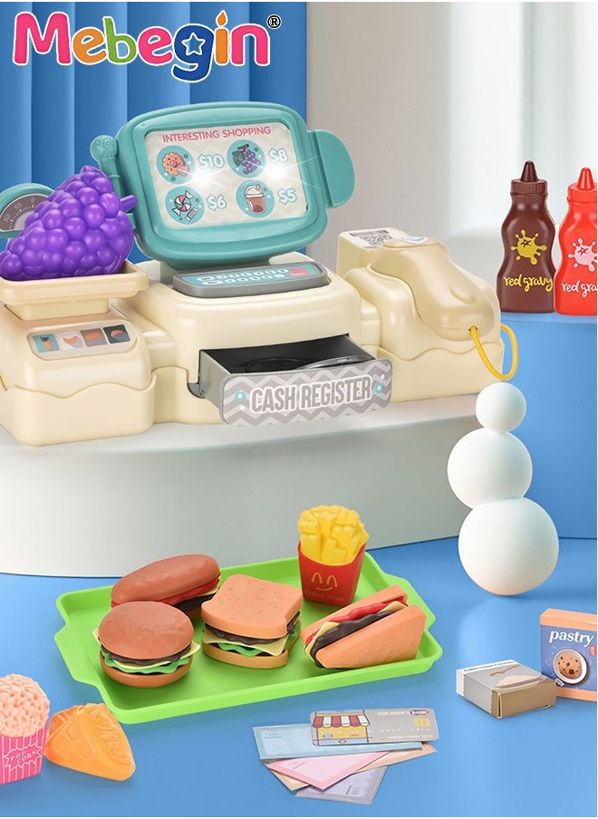 MEBEGIN 25 Pcs Kids Pretend Play Toy with Light and Sounds, Fun Cash Register with Scanner, Creative Pretend Role Play Learning Toys, Children Shopping Cashier Play Till, 2 AA Batteries Required(Not Included)  - Image 2