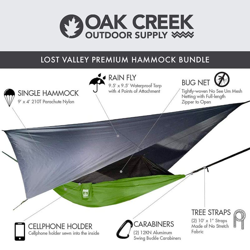 Oak Creek Outdoor Supply Oak Creek Camping Hammock and Accessories. Complete Package with Mosquito Bug Net, Rain Fly, Tree Straps. Great for Hiking, Backpacking, and Travel. Weighs Only 4 Pounds. Kiwi Green and Gray.  - Image 2