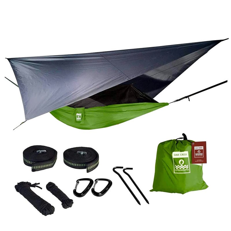 Oak Creek Outdoor Supply Oak Creek Camping Hammock and Accessories. Complete Package with Mosquito Bug Net, Rain Fly, Tree Straps. Great for Hiking, Backpacking, and Travel. Weighs Only 4 Pounds. Kiwi Green and Gray.  - Image 1