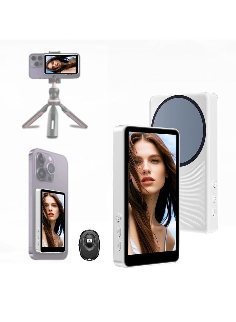 Nanak شاشة مراقبة سيلفي جديدة للهاتف، تركيب مغناطيسي، اتصال لاسلكي، شاشة مراقبة الكاميرا الخلفية متوافقة مع هواتف آيفون وأندرويد، مزامنة كاميرا الهاتف الخلفية لبث سيلفي تيك توك (أبيض) - Image 1