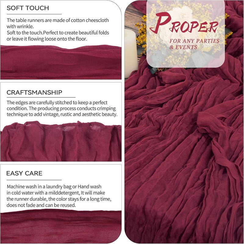 YMHPRIDE 2 Pieces Burgundy Red Wine Table Runner 90 cm x 300 cm Gauze Boho Table Runner for Wedding Bachelorette Baby Shower Birthday Party Decorations - Image 3