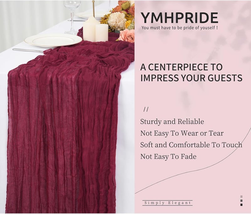 YMHPRIDE 2 Pieces Burgundy Red Wine Table Runner 90 cm x 300 cm Gauze Boho Table Runner for Wedding Bachelorette Baby Shower Birthday Party Decorations - Image 5
