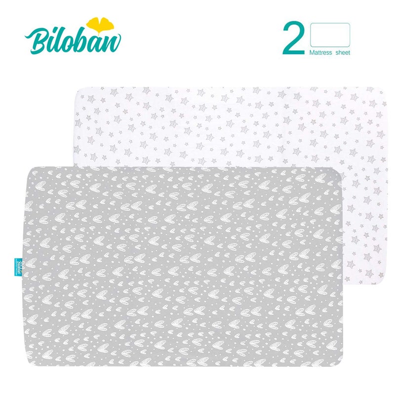 Biloban Crib Sheets Fitted, 2 Pack Crib Sheet Fits for Standard Crib and Toddler Mattress, 100% Jersey Knit Cotton Crib Sheet for Baby Boys & Girl, Star and Heart Print - Image 3