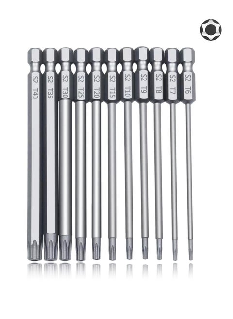 Torx Screwdriver Set Long, Yakumuz 4 Inch 11 PCS T6-T40 Magnetic Torx Security Screwdriver Bits Set, 1/4” Hex Shank Security Tamper Proof Long Screwdriver Bit Set for Drill