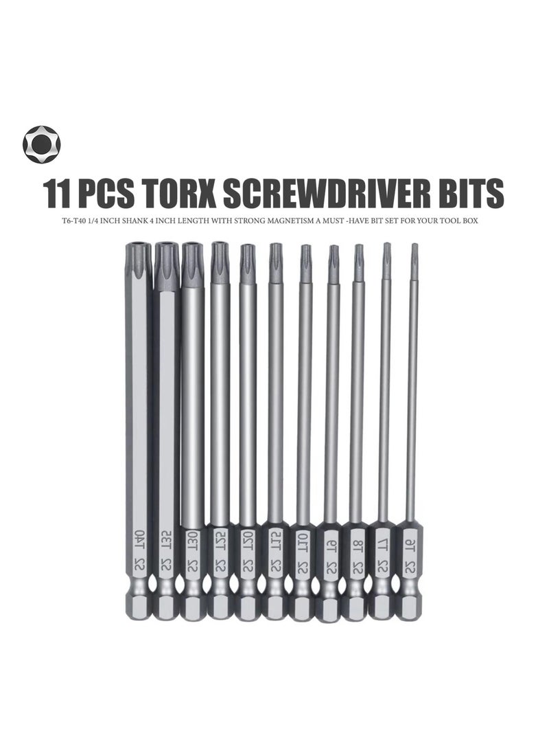 Yakumuz - Torx Screwdriver Set Long, Yakumuz 4 Inch 11 PCS T6-T40 Magnetic Torx Security Screwdriver Bits Set, 1/4” Hex Shank Security Tamper Proof Long Screwdriver Bit Set for Drill - Image 1