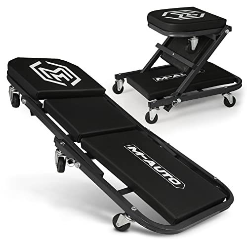 M-AUTO زاحف قابل للطي 2 في 1 زاحف متحرك ومقعد، 36" كرسي جراج قابل للتعديل، استلق أو اجلس، سعة 330 رطل تحت السيارة مع 6 عجلات دوارة، أسود - Image 1