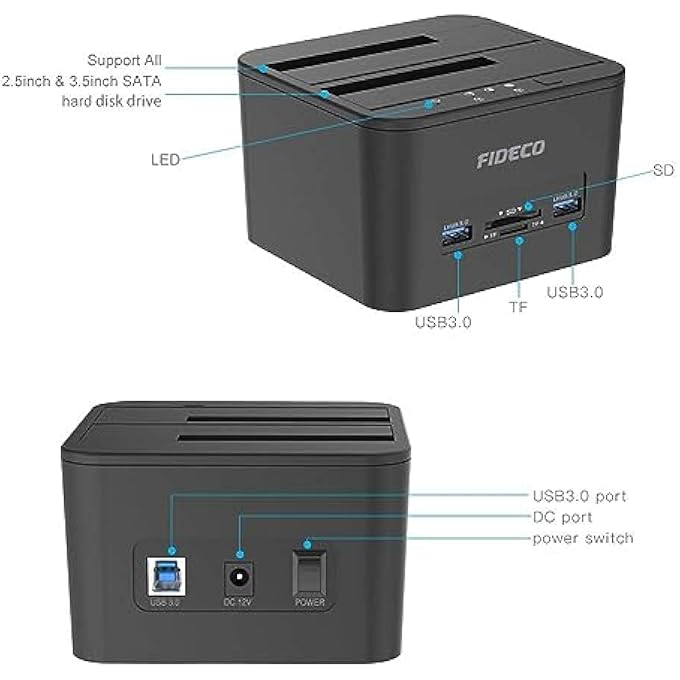 FIDECO USB 3.0 TO SATA HARD DRIVE DOCKING STATION, DUAL-BAY HARD DRIVE DOCK WITH TF & SD CARD SLOTS FOR 2.5/3.5 INCH SATA HDD SSD, SUPPORT TD-1043HS - Image 2