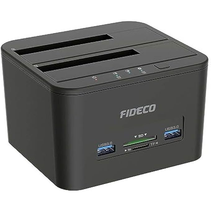 FIDECO USB 3.0 TO SATA HARD DRIVE DOCKING STATION, DUAL-BAY HARD DRIVE DOCK WITH TF & SD CARD SLOTS FOR 2.5/3.5 INCH SATA HDD SSD, SUPPORT TD-1043HS - Image 1