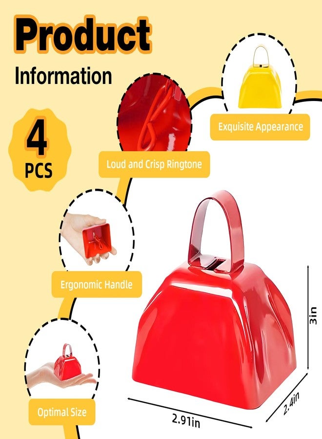 Hongdouo 4PCS Metal Cow Bells Noisemakers, 3 Inch Loud Cow Bell Noise Makers for Sporting Events Party Favors with Handles, Great for Football Competitions, Sports Games, Celebration Parties (Red) - Image 2