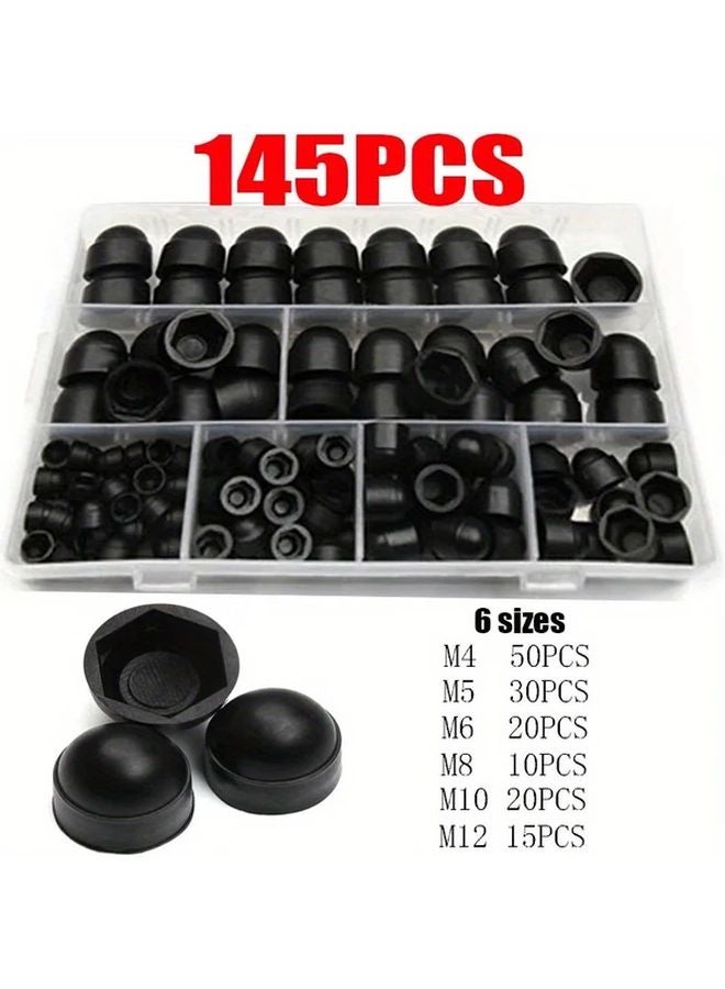 145pcs Black Nylon Hex Nut Bolt Cover Screw Cap Assortment Kit M4 M12 Acorn Dome - Image 2