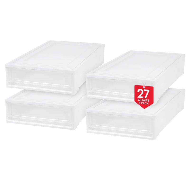 IRIS USA 27 Qt Plastic Under Bed Storage Stackable Organizer Bin Container with Sliding Organizer Drawers 4Pack MultiPurpose for Clothes Shoes Clothing Bedding White