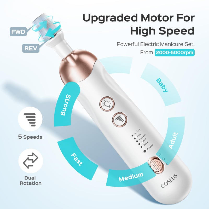 COSLUS Professional Manicure Pedicure Kit: 5 in 1 Electric Nail File Set Toenail Grinder, 5 Speed Cordless Nail Drill for Thick Nail Toenail Cuticle, Hand Feet Trimmer Buffer for Women Men Baby Pets - Image 3