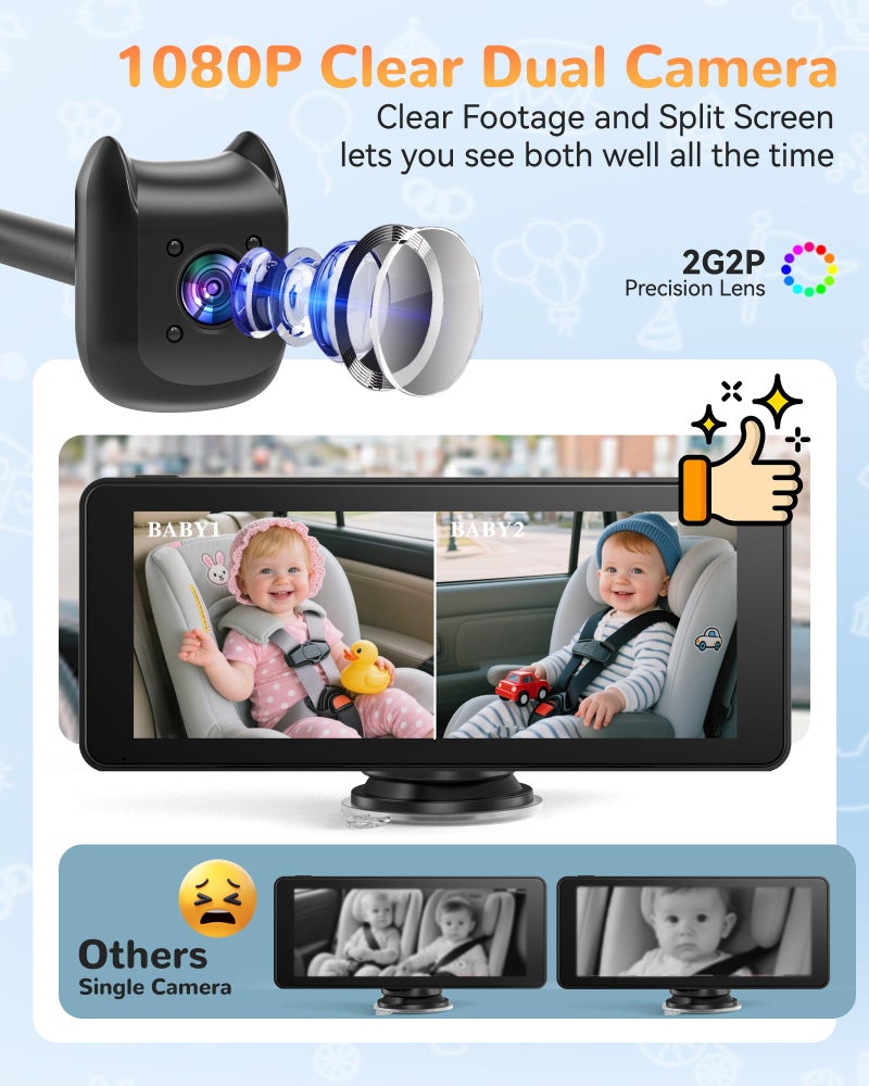 KOUENOM Dual Car Camera Baby Monitor with 6.9" Split Screen-1080P HD Carseat Camera for 2 kids with 360Â° Full Rotation-Night Vision, Auto-detail Enhancement, 2 Power Ways, Easy Install, for Twins & Siblings - Image 2