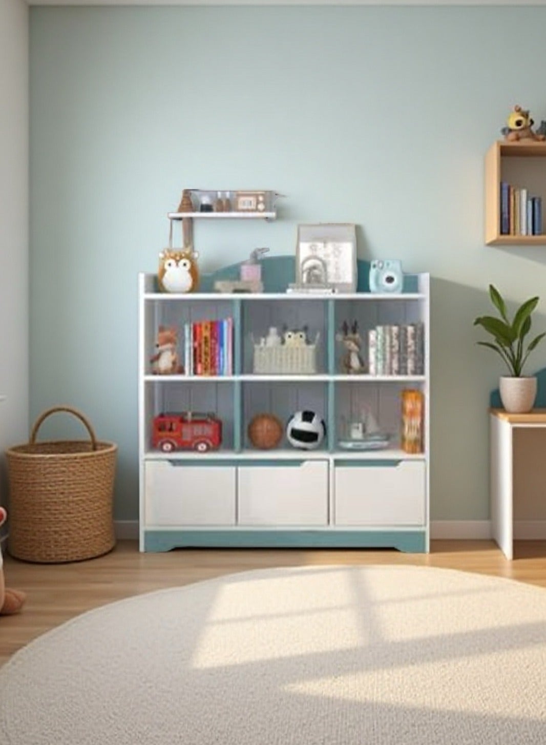 Kids' Bookcase 3-Tier with Doors & Open Compartments - Sturdy Floor-standing Storage Cabinet, Multifunctional Book Rack/Toy Organizer for Study Room(SGG037)