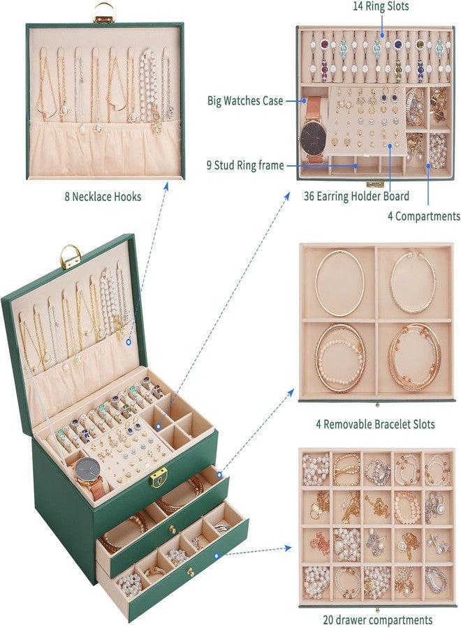 Glaceon Jewelry Box Organizer for Women Girls,3 Layer Leather Jewelry Storage Box with Lock and Removable Tray,for Necklace Earrings Rings Bracelets - Image 3
