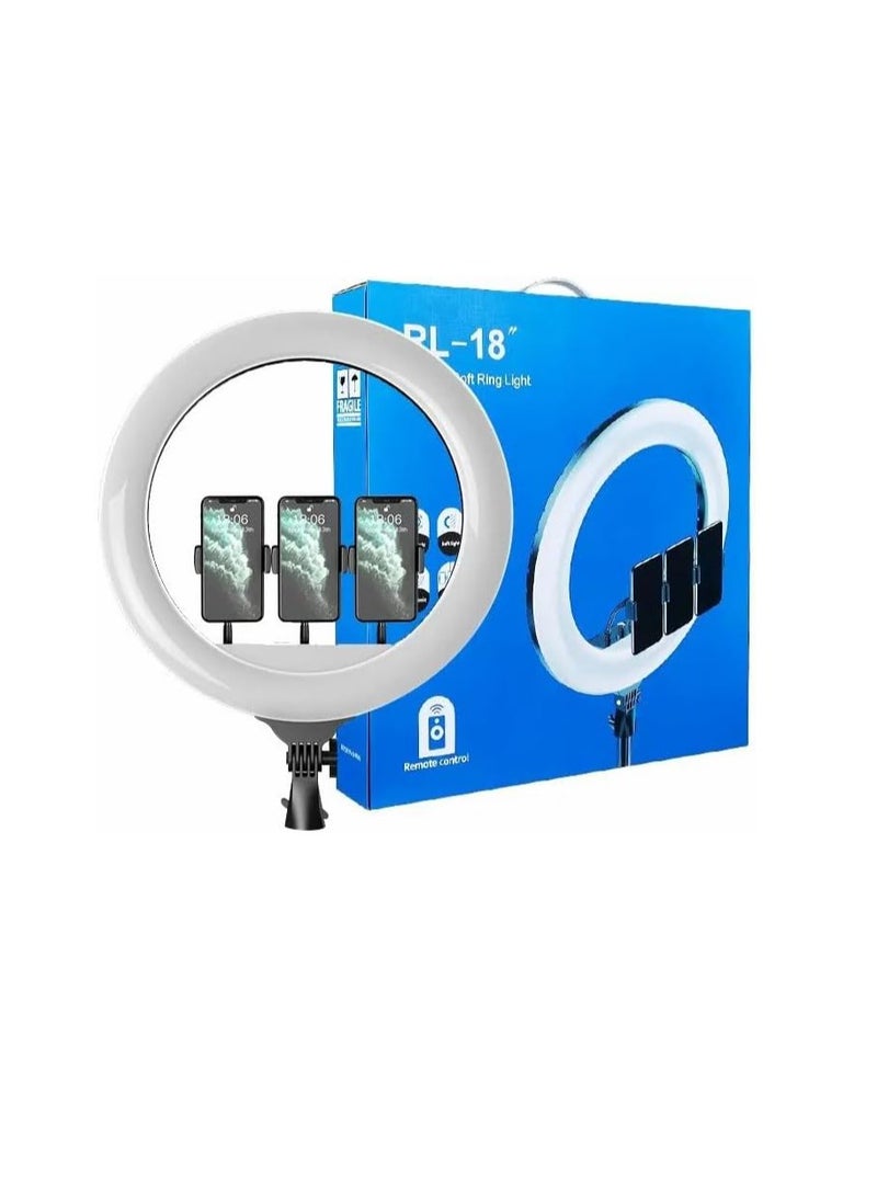 Soft LED Ring Light for Live Streaming and Makeup Artist 360 Degree 2700-6500K with 3 Mobile Phone Holders, Remote Control, 2m Stand, 45cm Diameter, White, Yellow, Max RL-18 with Bag  - Image 1