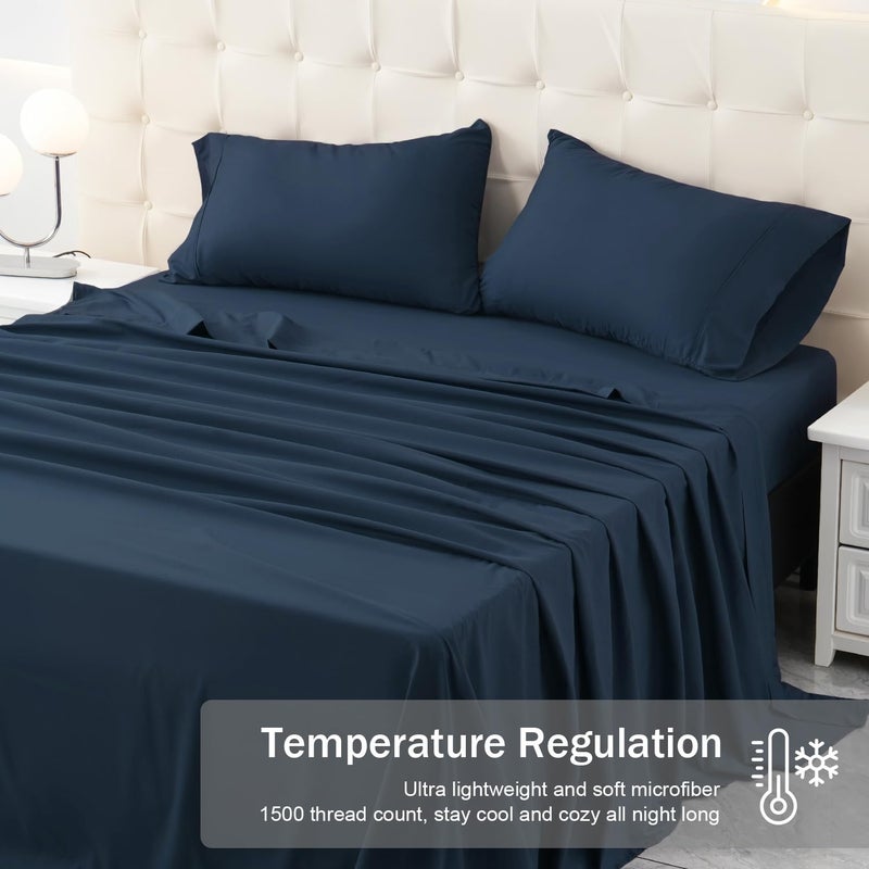 MICORAL Full Bed Sheets Set  Soft Breathable Bedding Sheet Set  Sheets Set with 16"" Deep Pocket Design (4 Pieces  Full  Navy) - Image 2
