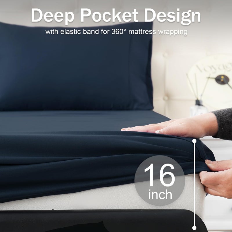 MICORAL Full Bed Sheets Set  Soft Breathable Bedding Sheet Set  Sheets Set with 16"" Deep Pocket Design (4 Pieces  Full  Navy) - Image 5