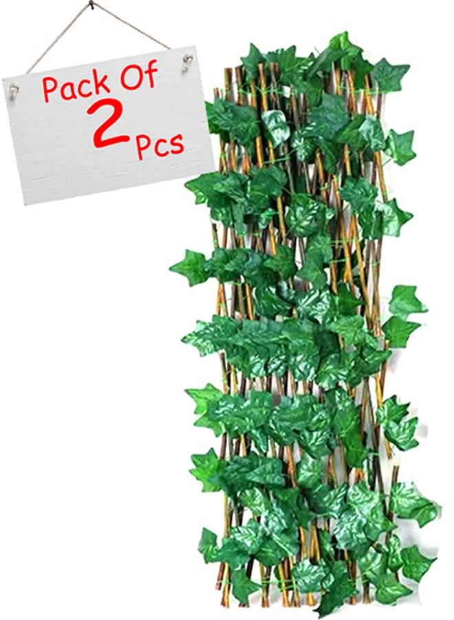 LINGWEI Green Ivy Leaves Garden Wall Decoration Fence Green Hedges Fence Wooden Retractable Garden Plant Fence Bamboo Garden Fence Expandable Wooden Artificial Leaf Fence 2pcs  - Image 2
