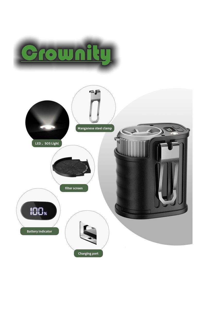 كرونايتي مروحة خصر محمولة - مزودة بمصابيح LED ومصاعد طاقة | سرعة الرياح قابلة للتعديل على 5 مستويات + سعة بطارية 8000 ملي أمبير/ساعة، عمر بطارية يصل إلى 20 ساعة. مزودة بمنفذين USB و TYPE - C للشحن تلفونك. هذه المروحة التي يمكن ارتداؤها وربطها بخصر مناسبة للخيمات والسفر والمواقع البناء والمزارع الصيد والرياضة. - Image 1