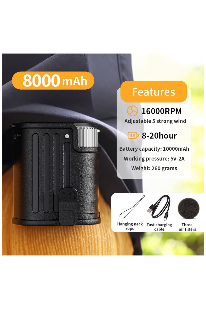 كرونايتي مروحة خصر محمولة - مزودة بمصابيح LED ومصاعد طاقة | سرعة الرياح قابلة للتعديل على 5 مستويات + سعة بطارية 8000 ملي أمبير/ساعة، عمر بطارية يصل إلى 20 ساعة. مزودة بمنفذين USB و TYPE - C للشحن تلفونك. هذه المروحة التي يمكن ارتداؤها وربطها بخصر مناسبة للخيمات والسفر والمواقع البناء والمزارع الصيد والرياضة. - Image 2