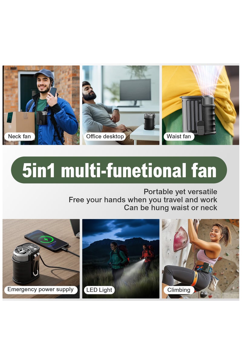 كرونايتي مروحة خصر محمولة - مزودة بمصابيح LED ومصاعد طاقة | سرعة الرياح قابلة للتعديل على 5 مستويات + سعة بطارية 8000 ملي أمبير/ساعة، عمر بطارية يصل إلى 20 ساعة. مزودة بمنفذين USB و TYPE - C للشحن تلفونك. هذه المروحة التي يمكن ارتداؤها وربطها بخصر مناسبة للخيمات والسفر والمواقع البناء والمزارع الصيد والرياضة. - Image 3