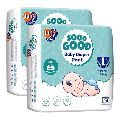 MyAid SOOO GOOD Baby Diaper Pants With Aloe Lotion & Wetness Indicator | Soft & Comfortable | Fast Absorption, Rash-Free, Leak-Proof, Large Size (L) 9-14 kg, 14 Count, Pack of 2 - Image 1