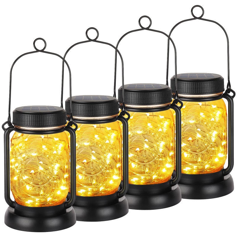 Mlambert 4 Pack Solar Hanging Lantern with Stakes, Outdoor Waterproof Solar Mason Jar Fairy String Lights Decorative Vintage Glass Lamp-Warm White - Image 1