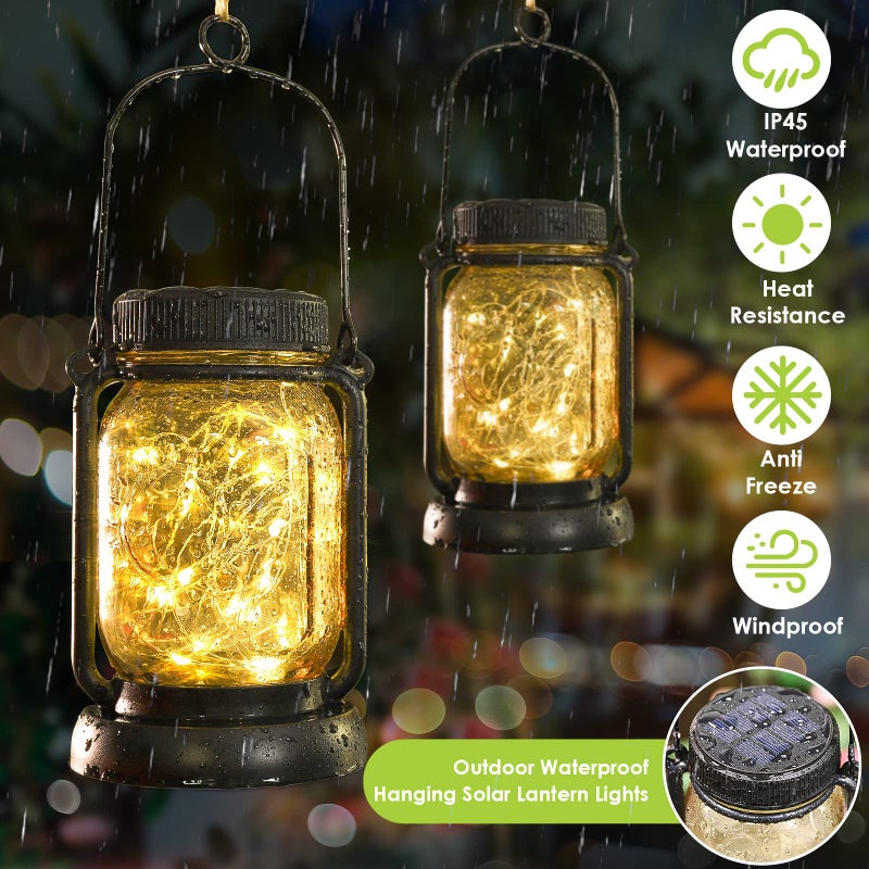 Mlambert 4 Pack Solar Hanging Lantern with Stakes, Outdoor Waterproof Solar Mason Jar Fairy String Lights Decorative Vintage Glass Lamp-Warm White - Image 3