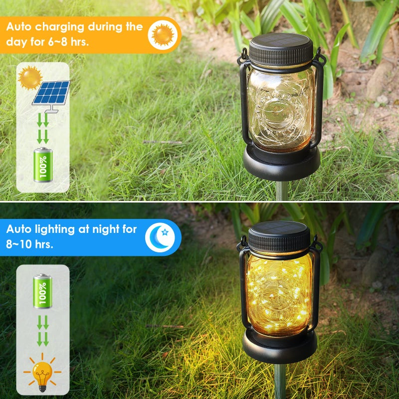 Mlambert 4 Pack Solar Hanging Lantern with Stakes, Outdoor Waterproof Solar Mason Jar Fairy String Lights Decorative Vintage Glass Lamp-Warm White - Image 2