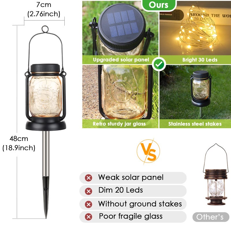 Mlambert 4 Pack Solar Hanging Lantern with Stakes, Outdoor Waterproof Solar Mason Jar Fairy String Lights Decorative Vintage Glass Lamp-Warm White - Image 5