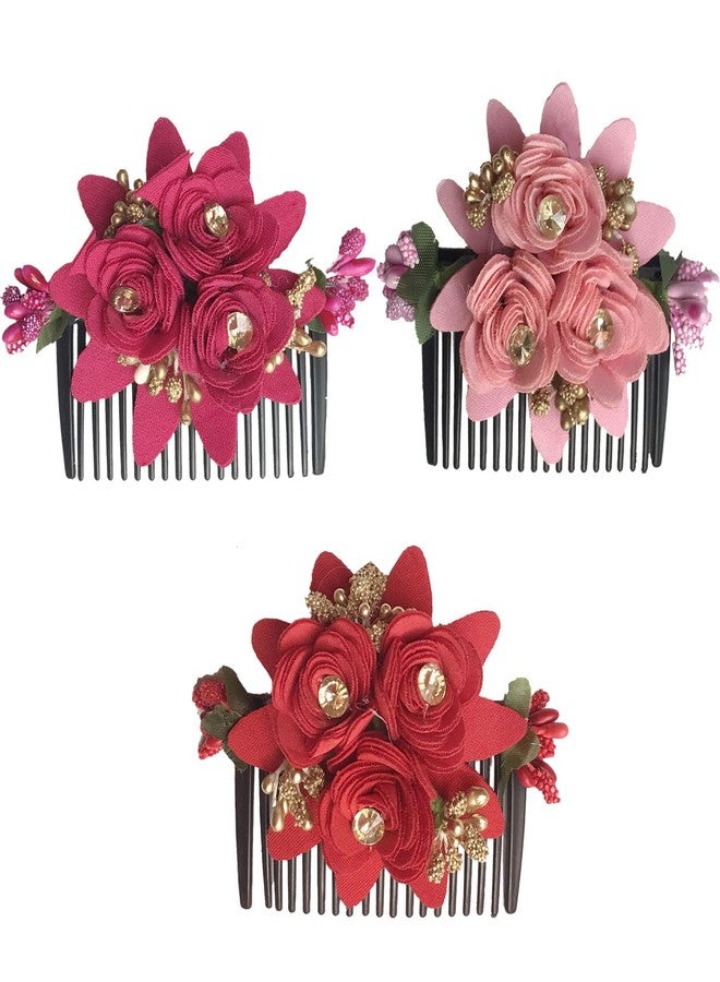 Arooman™ Artificial Flower Juda Comb, Side Comb For Women/Girls, Hair Accessories For Wedding And Party, Pack-3 - Image 2