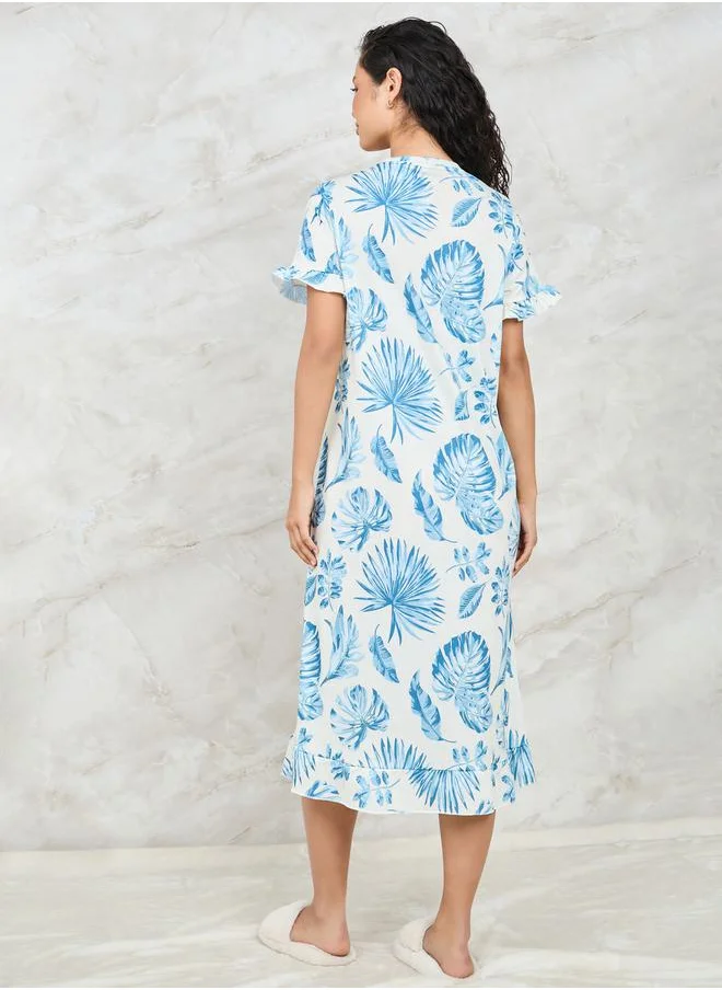 ستايلي Tropical Print Ruffle Sleeve Sleep T-Shirt Dress