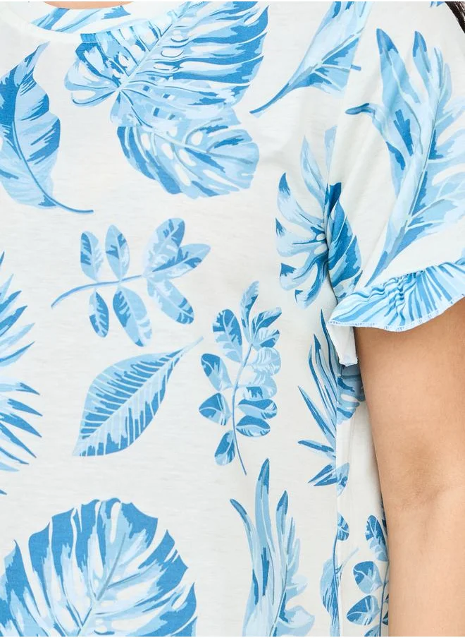 ستايلي Tropical Print Ruffle Sleeve Sleep T-Shirt Dress