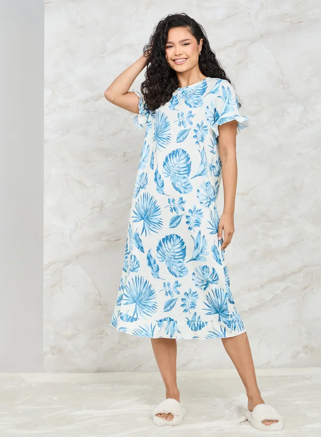 Styli Styli Tropical Print Ruffle Sleeve Sleep T-Shirt Dress